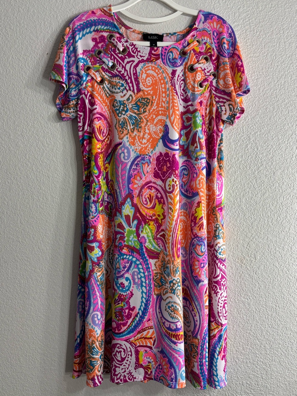 MSK Colorful Vibrant Neon Paisley pattern Dress Woman M Coastal Summer Beach